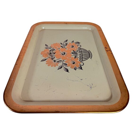 Rustic Metal Floral Serving Tray Gold Tone Flowers Trim Farmers Market VTG 50s - Picture 4 of 16